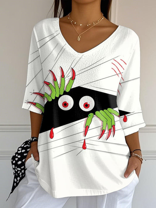 Women'S Retro Halloween Peek Monster Print Mid Sleeve T-Shirt