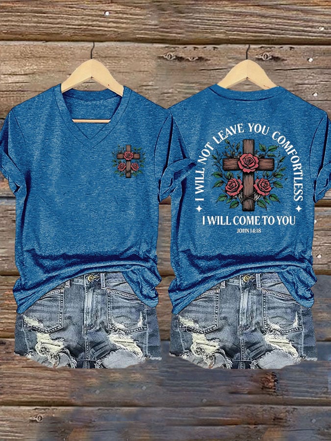 Women's faith cross printed V-neck T-shirt