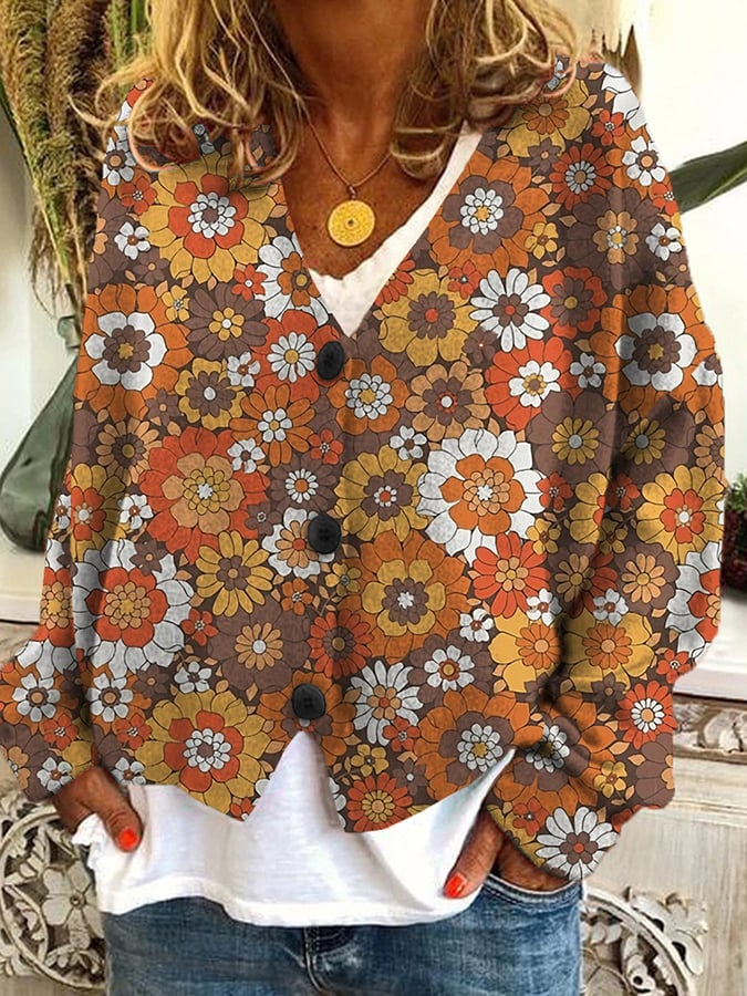 Floral Print Casual Button Flannel Cardigan