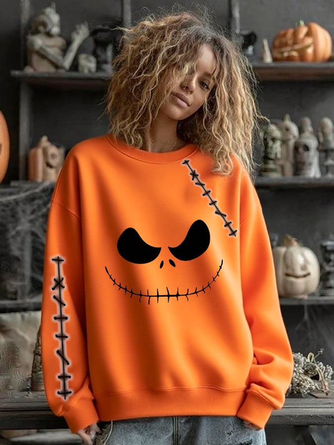 Women's Pumpkin face Halloween Print Sweatshirt