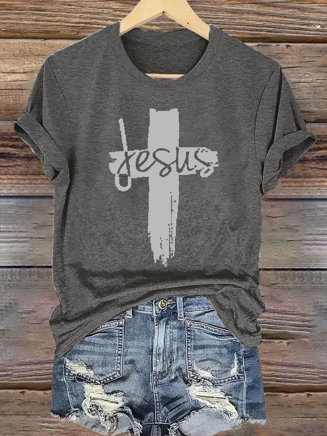 Women's casual Jesus faith cross letter print T-shirt