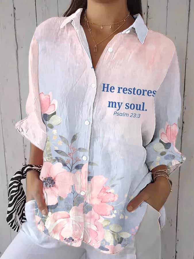 Women'S Casual Breast Cancer Psalm 23:3 He Restores My Soul Print Shirt