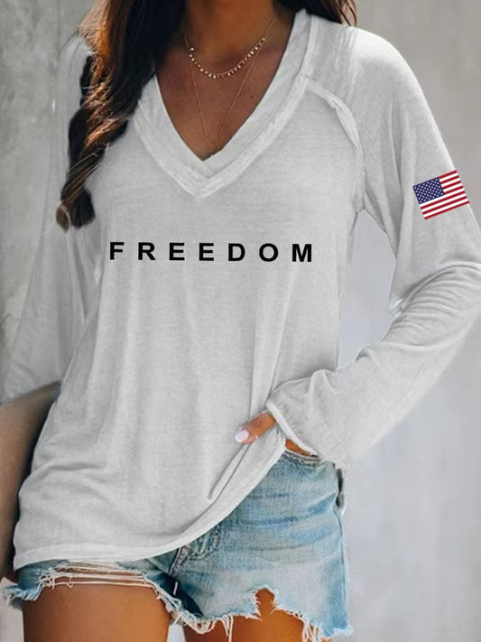 Women's Freedom American Flag Print Casual T-Shirt