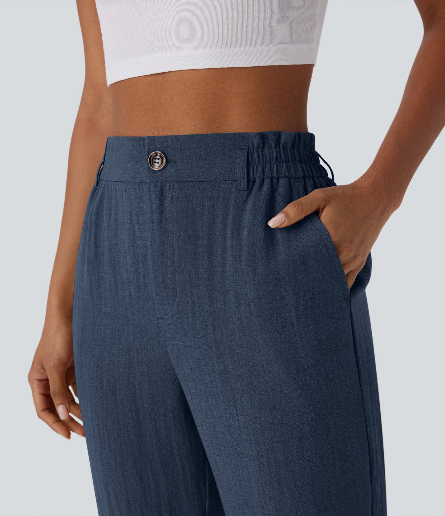 High Waisted Button Zipper Side Pocket Capri Resort Linen-Feel Pants