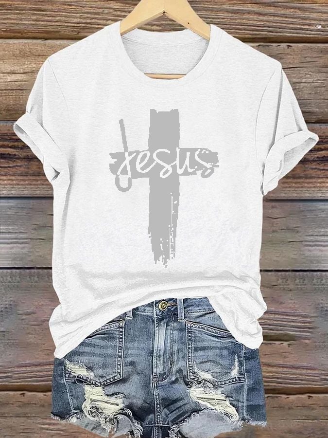 Women's casual Jesus faith cross letter print T-shirt