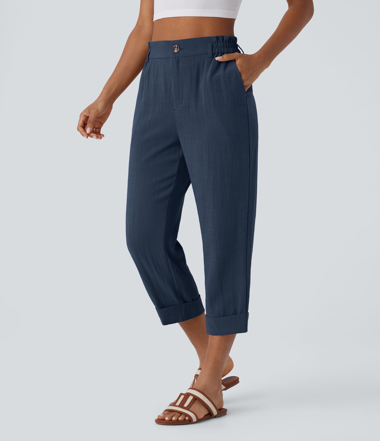 High Waisted Button Zipper Side Pocket Capri Resort Linen-Feel Pants