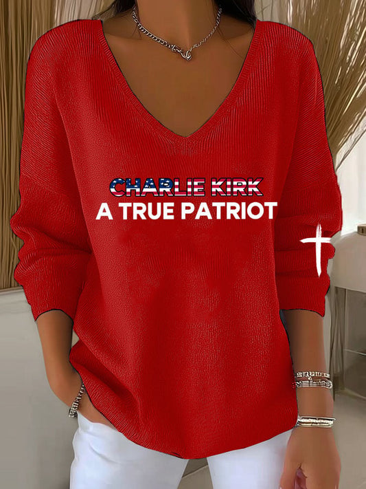 Women's American Patriot Print V Neck Sweater