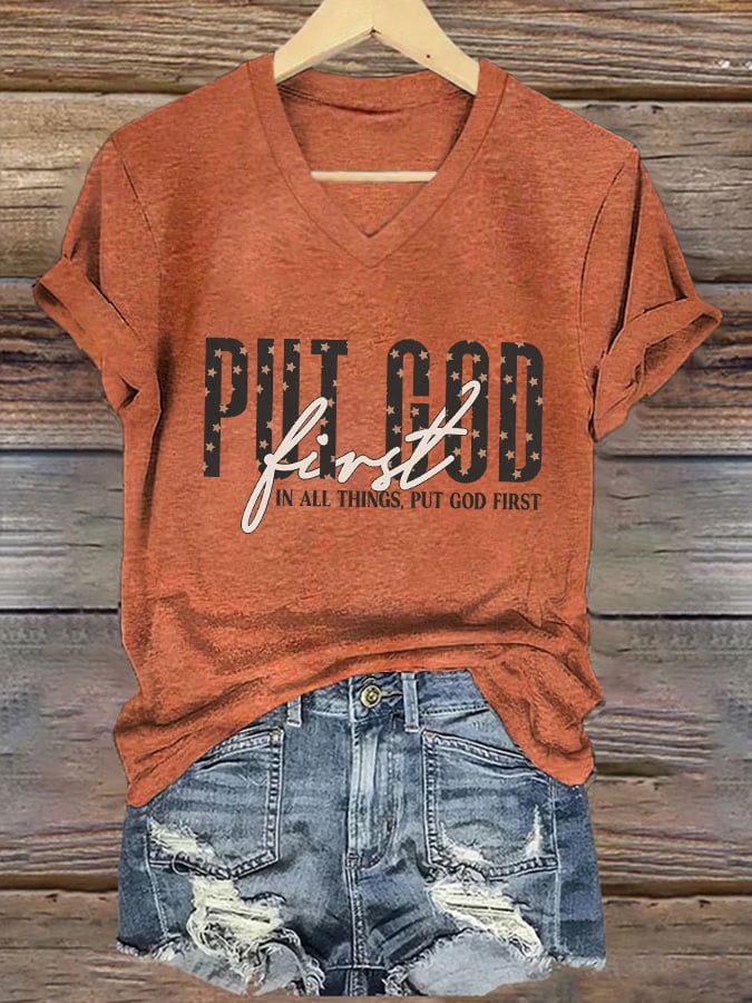 Women's Casual Christian Faith Graphic Print V-Neck Short Sleeve T-Shirt