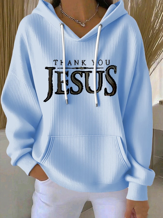 Women's Vintage Faith Thank You Jesus Printed Casual Ribbed Hoodie