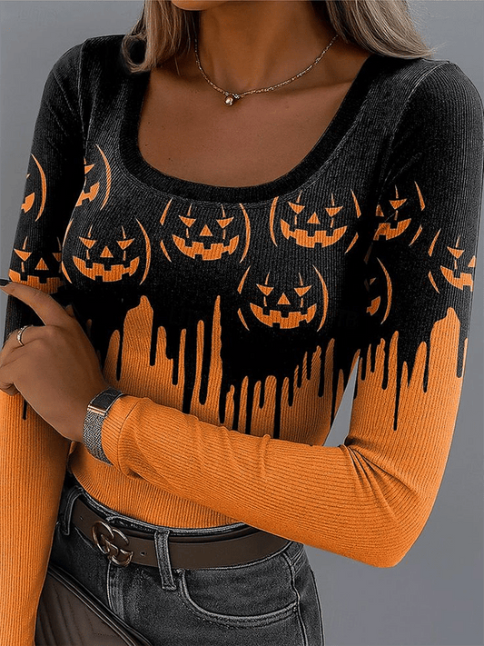 Women's Halloween Design Retro Fashion Classic Long-Sleeved Square Neck Pit Strip Fabric Long-Sleeved T-Shirt
