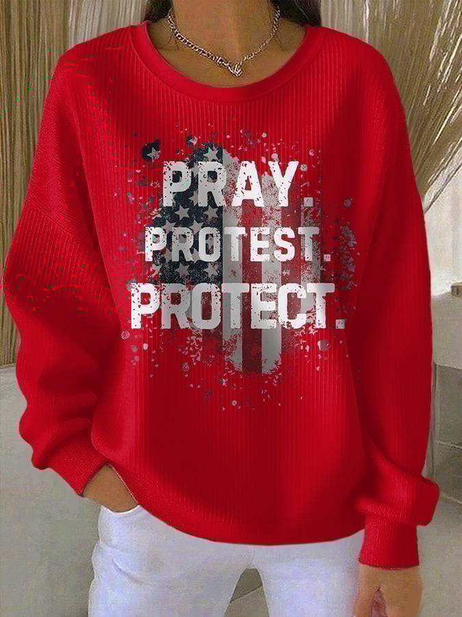 Retro Pray Protest Protect Print Round Neck Sweatshirt