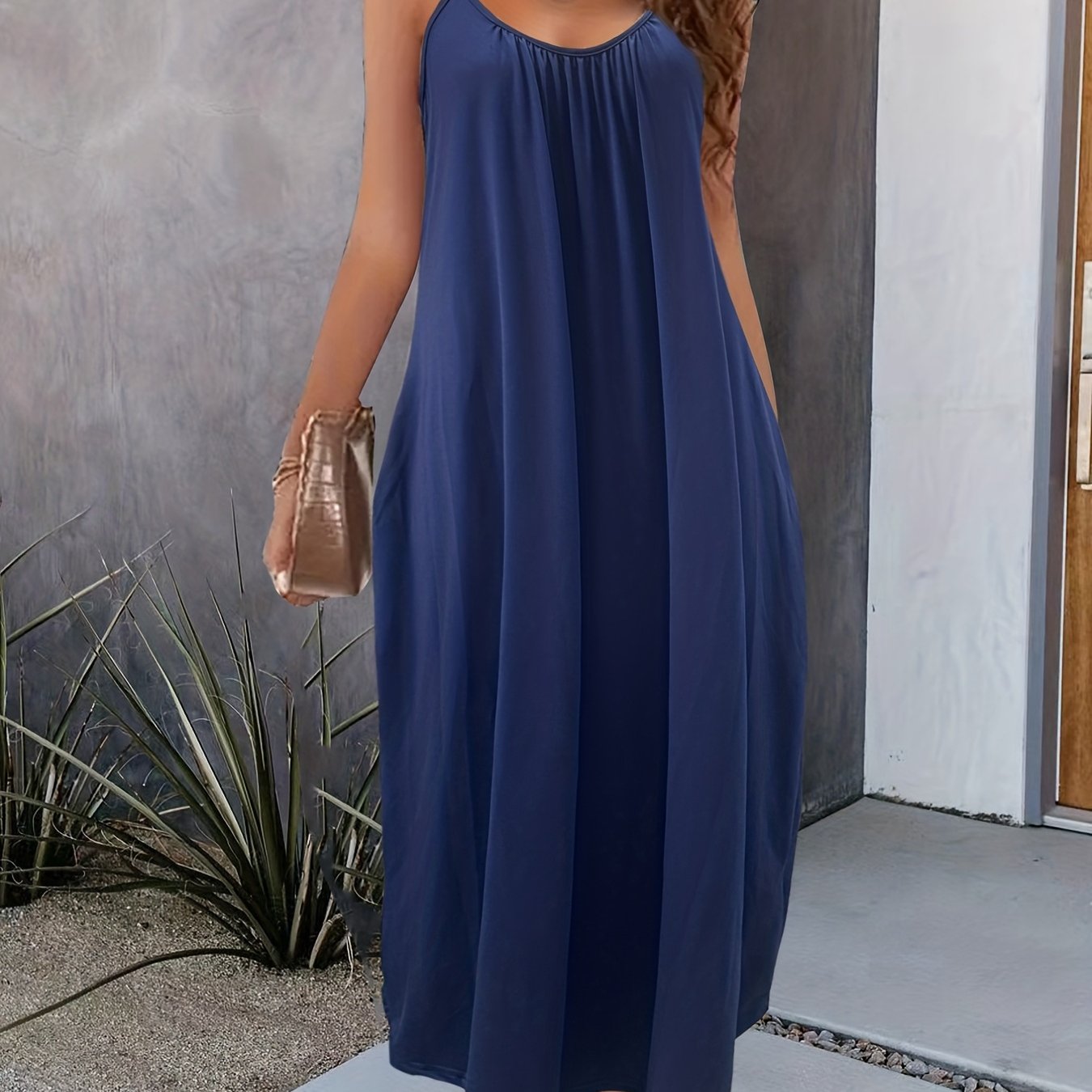 Solid Pockets Loose Spaghetti Dress