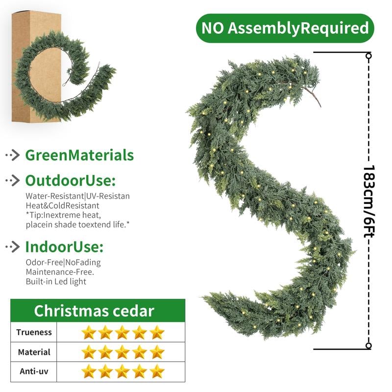 2PCS 6FT Pre-lit Christmas Cedar Garland with  LED Lights Realistic Faux Greenery for Fireplace Table Mantle Wall Indoor Outdoor Winter Holiday Decorations Ornaments