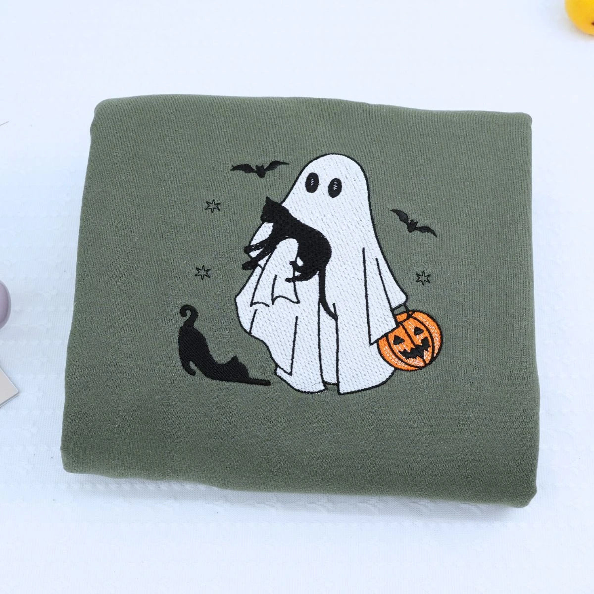 Ghost and Cat T-Shirt, Sweatshirt or Hoodie, Bats and Pumpkin, Embroidered Gift for Spooky Season