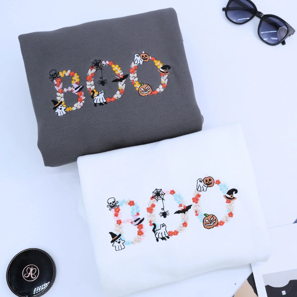 Custom Floral Boo Halloween T-Shirt, Sweatshirt or Hoodie, Cute Ghost Witch Pumpkin, Embroidered Spooky Gift