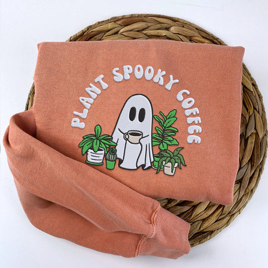 Embroidered Halloween Ghost Plant Coffee T-Shirt or Sweatshirt