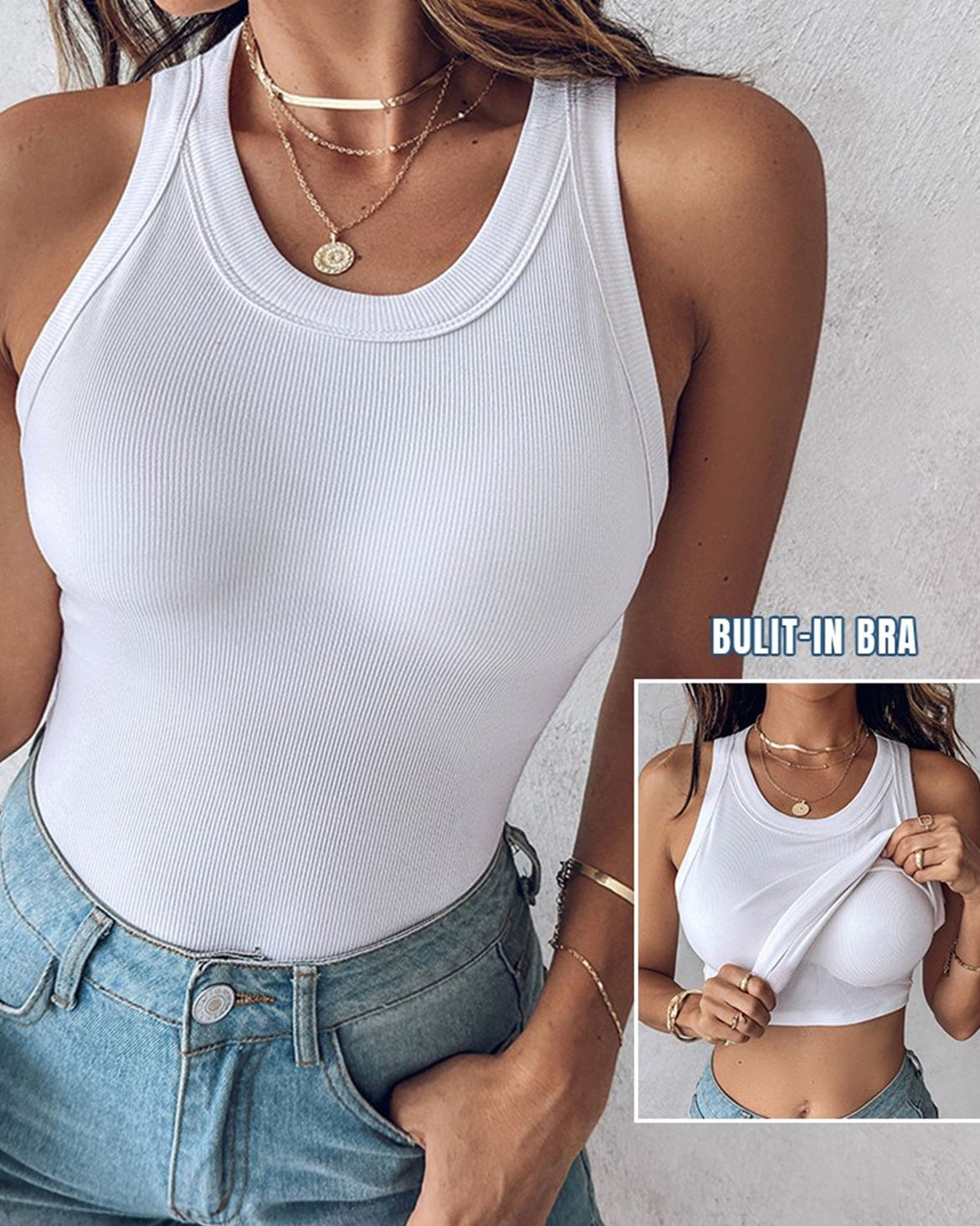 Round Neck Built-in Bra Ribbed Tank Top