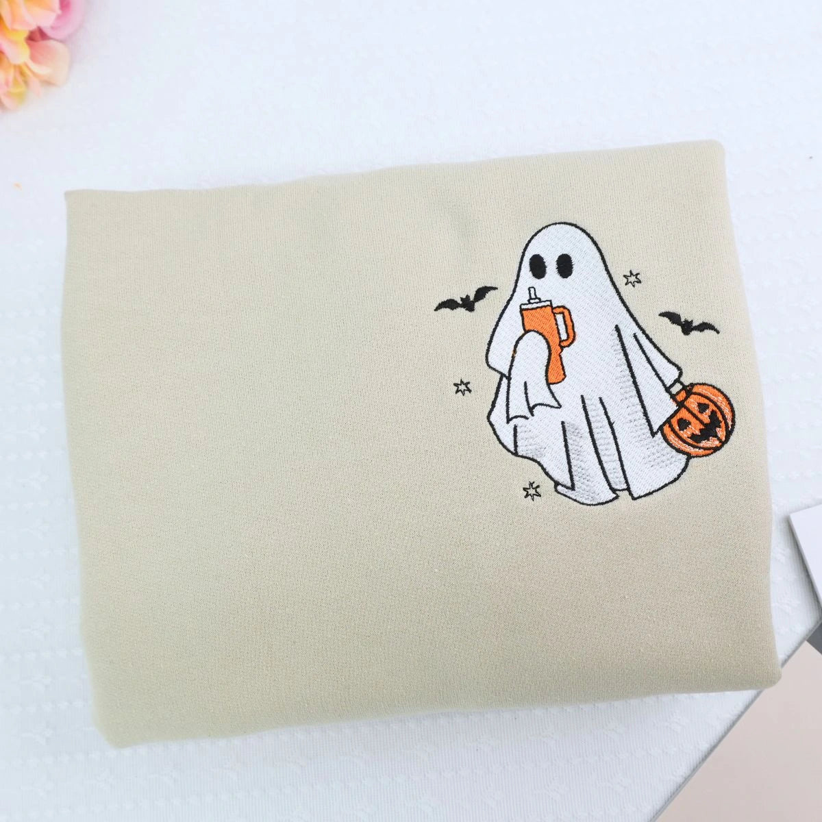 Ghost and Cat T-Shirt, Sweatshirt or Hoodie, Bats and Pumpkin, Embroidered Gift for Spooky Season