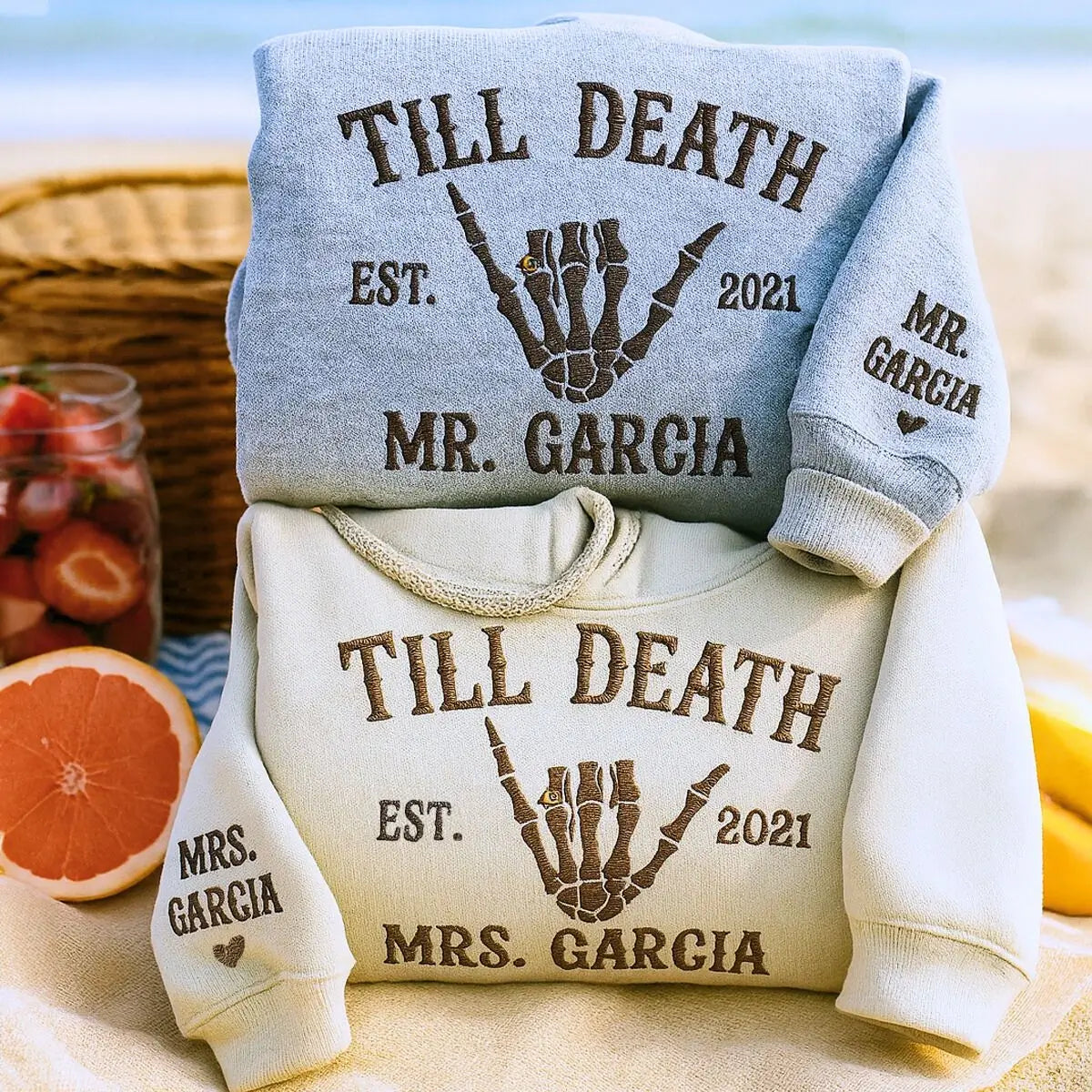 Custom Embroidered Skeleton Til Death Married Couple Mr Mrs Matching Newlywed Husband and Wife Sweatshirt or Hoodie