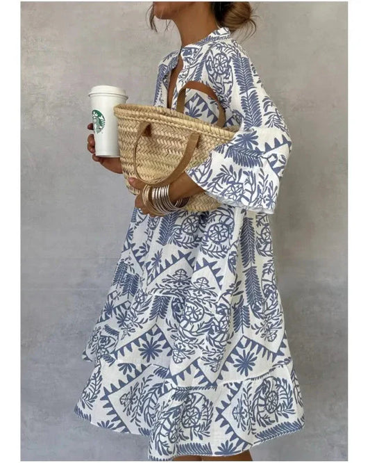 Millie - Printed V-Neck A-Line Skirt Dress