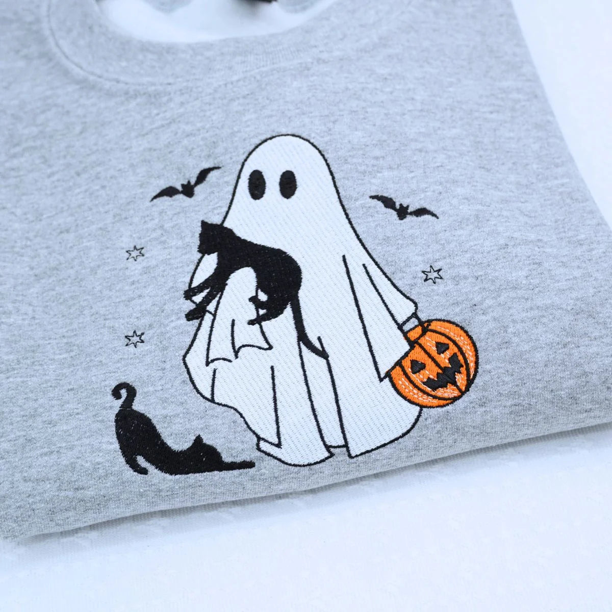 Ghost and Cat T-Shirt, Sweatshirt or Hoodie, Bats and Pumpkin, Embroidered Gift for Spooky Season