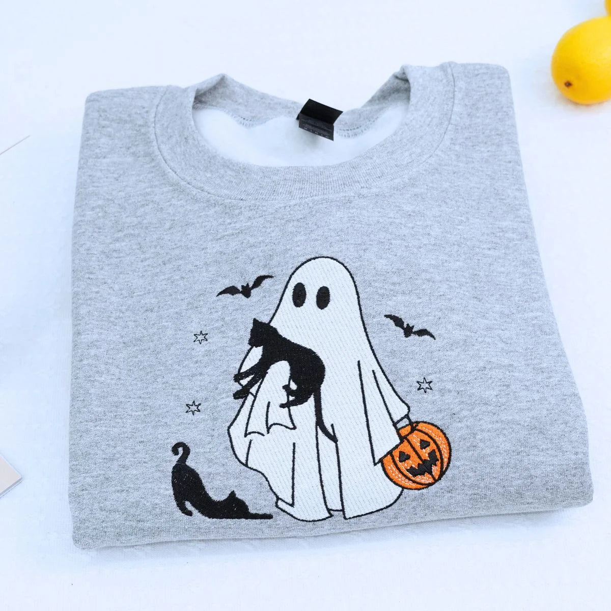 Ghost and Cat T-Shirt, Sweatshirt or Hoodie, Bats and Pumpkin, Embroidered Gift for Spooky Season