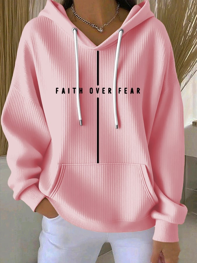 Women's Vintage Faith Faith Over Fear Printed Casual Ribbed Hoodie
