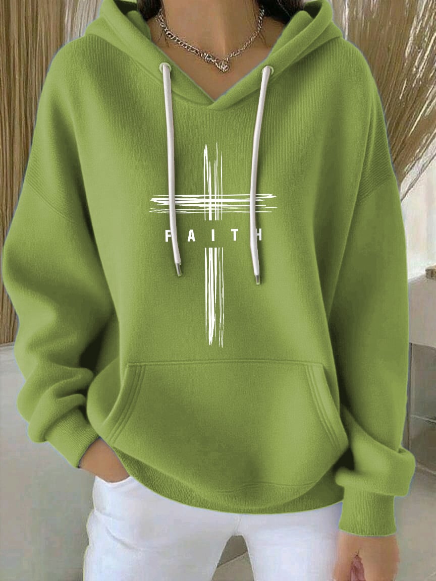 Women's Retro Faith Print Casual Hooded Sweatshirt