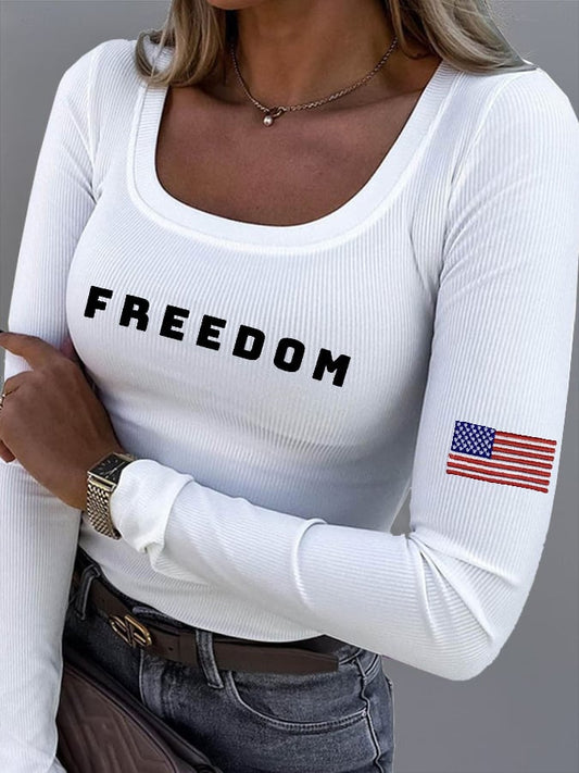 Women's Freedom American Flag Print Fabric Long Sleeve T-Shirt