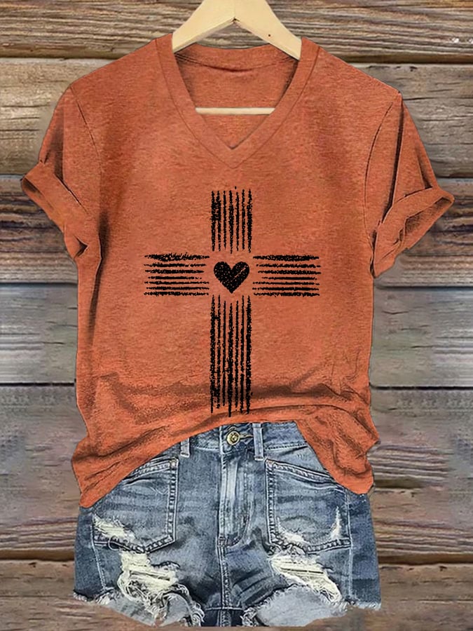 Women's Casual Christian Faith Graphic Print V-Neck Short Sleeve T-Shirt