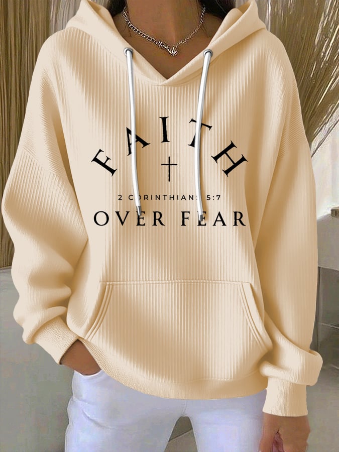 Women's Vintage Faith Faith Over Fear Printed Casual Ribbed Hoodie