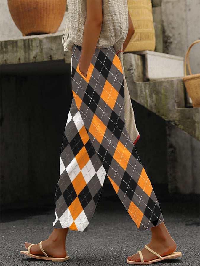 Women's Autumn Pumpkin Plaid Contrast Casual Pants