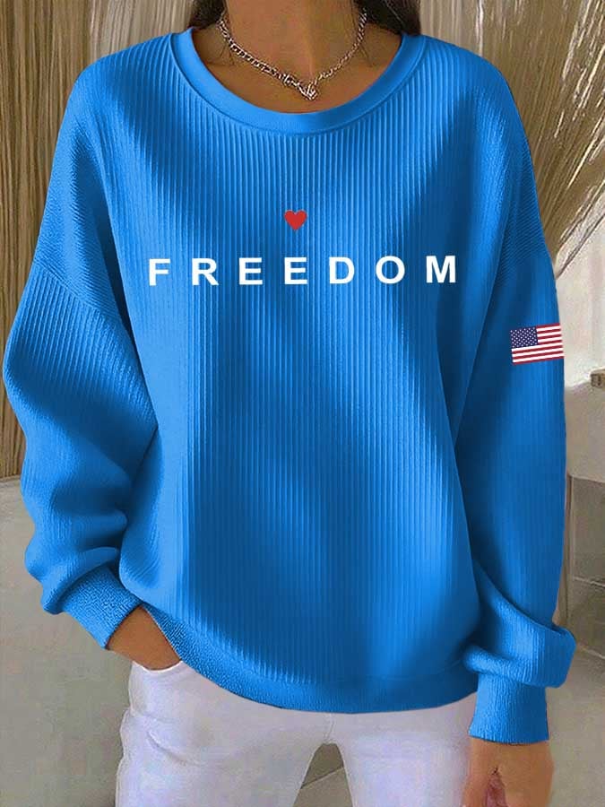 Women's Freedom Flag Print Knitted Crew Neck Long Sleeve Top
