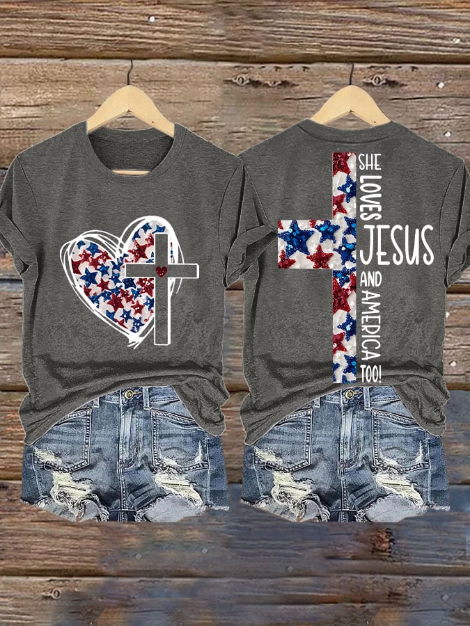 Women's She Jesus And Love America Too!  Print T-shirt