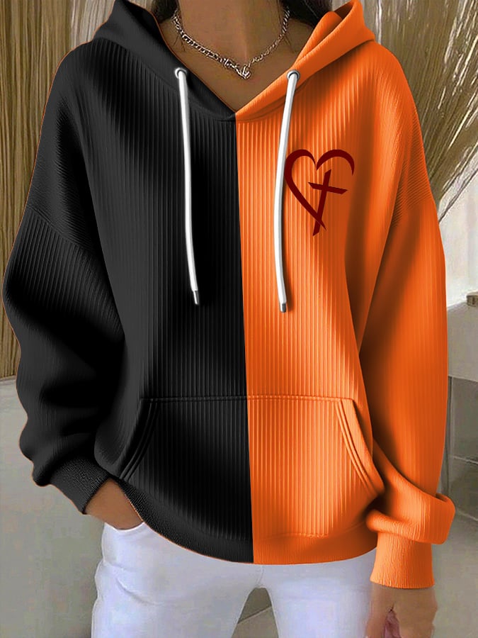 Women's Casual Retro Faith Contrast Color Textured Hoodie