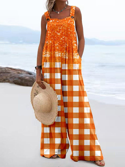 Vintage Paneled Orange Gradient Plaid Print Overalls