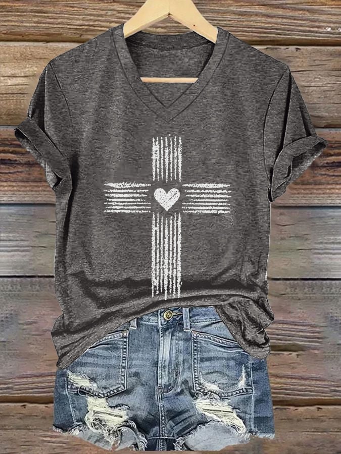 Women's Casual Christian Faith Graphic Print V-Neck Short Sleeve T-Shirt