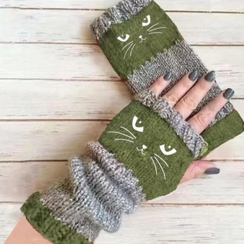Women’s Knitted Fingerless Gloves with Cute Cat