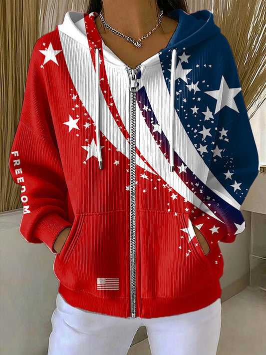 Women's Casual Contrasting Color Freedom Flag Textured Jacket