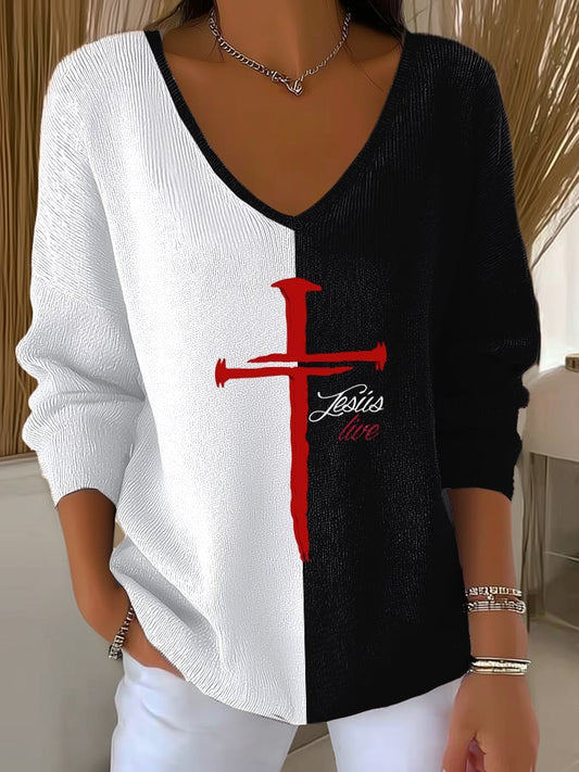 Women's Casual Contrast Color Faith Textured Top