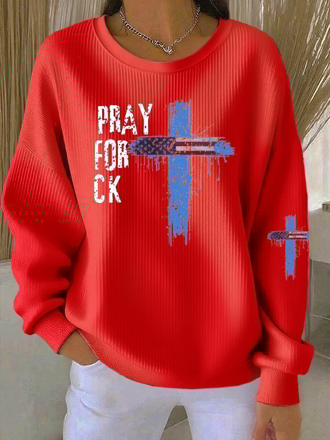 Women's Pray for Charlie  Print Knit Crew Neck Long Sleeve Top