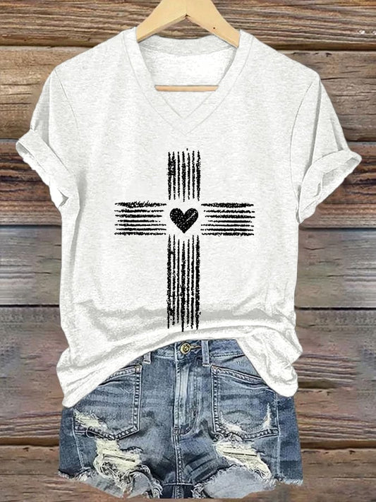 Women's Casual Christian Faith Graphic Print V-Neck Short Sleeve T-Shirt