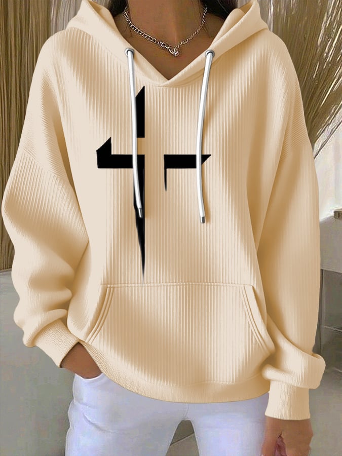 Women's Casual Retro Faith Contrast Color Textured Hoodie
