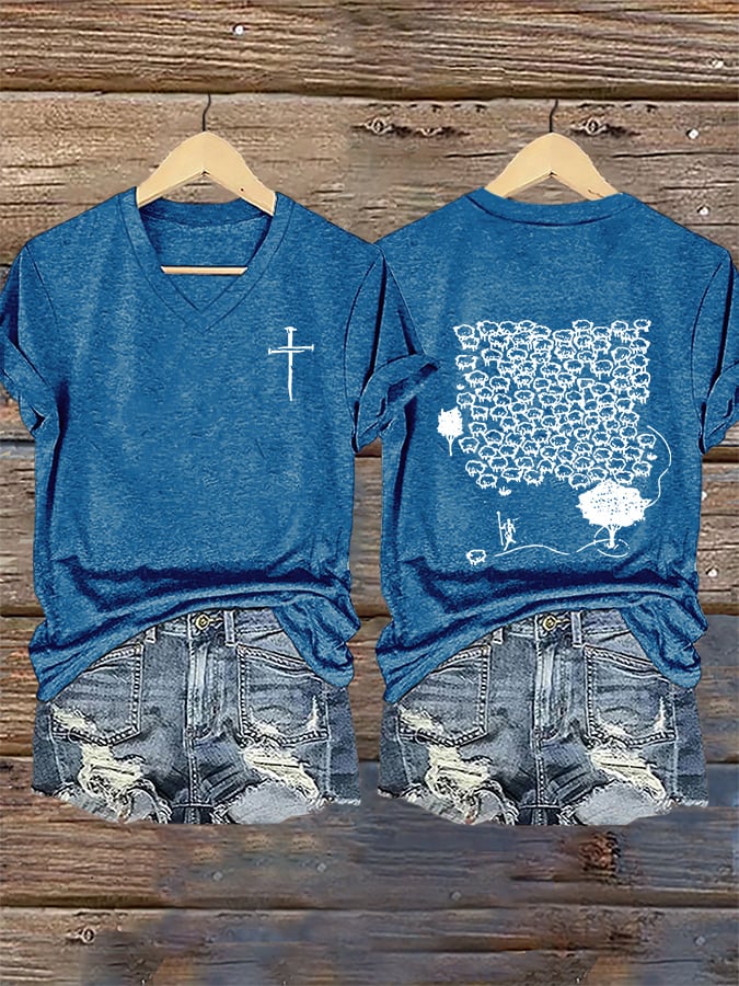 Women's Faith He Left The 99 To Rescue Me printed V-neck T-shirt