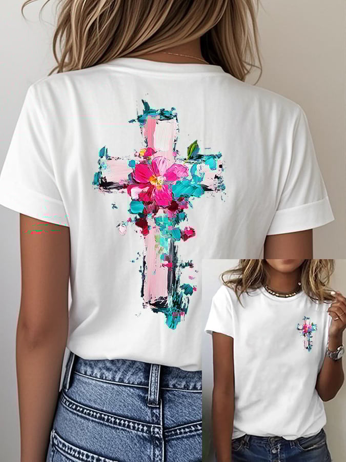 Women'S Casual Oil Painting Floral Cross Print Short Sleeve T-Shirt