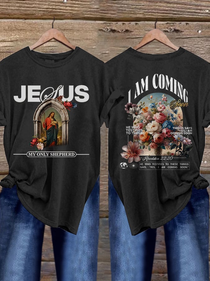 Women's Vintage Oil Painting Flowers Jesus Print Short Sleeve T-Shirt