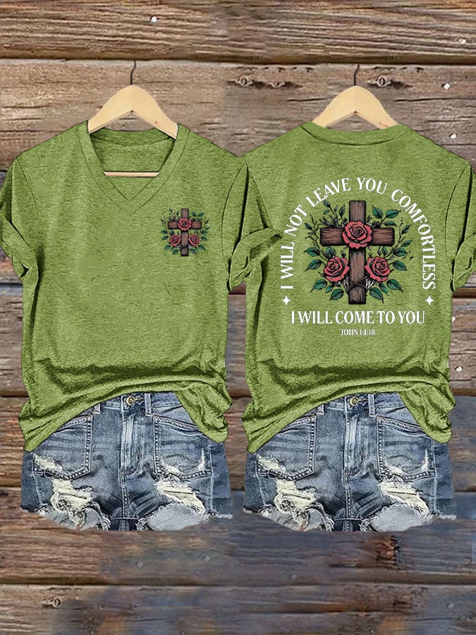 Women's faith cross printed V-neck T-shirt