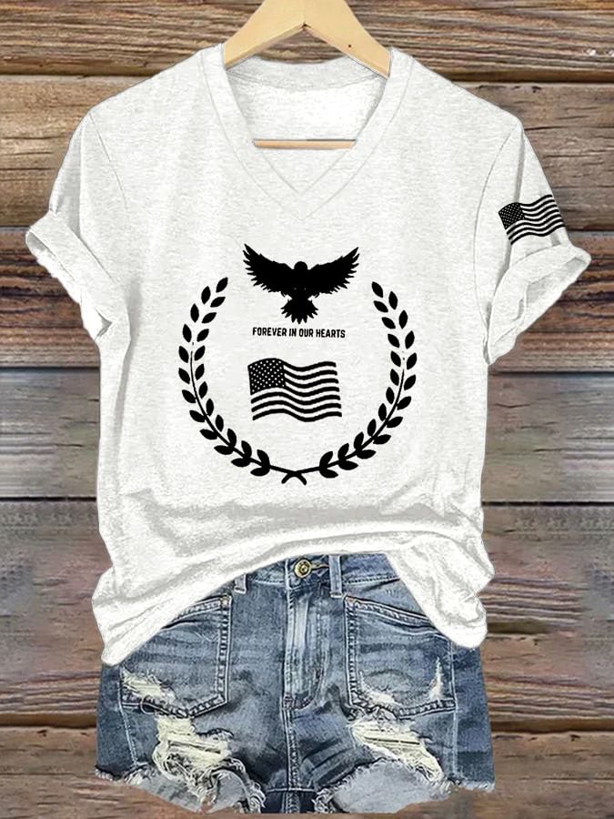 Women's Commemorative Print V Neck T-shirt