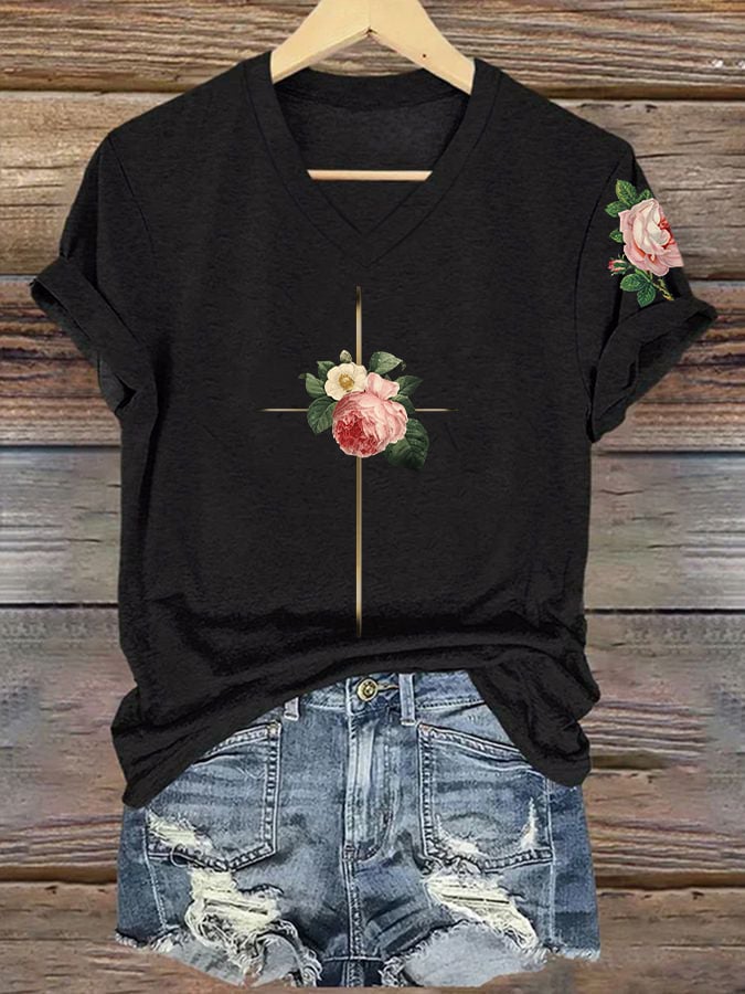 Women's Vintage Floral Metal Cross Print Short Sleeve T-Shirt