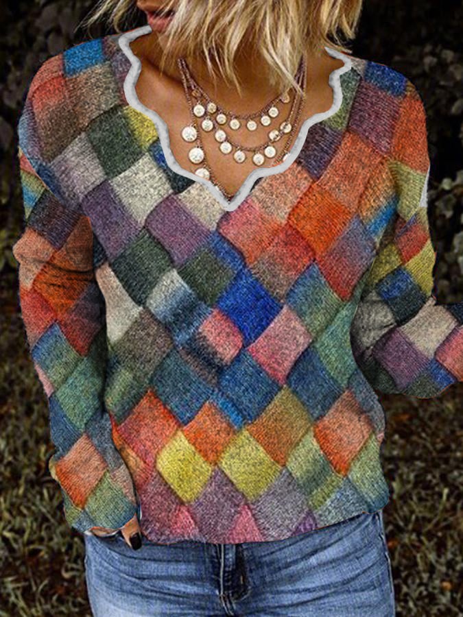 Casual Wave Collar Block Print Plush Top